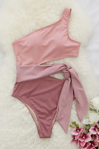 Women Swimsuit One Shoulder Ribbed Cut Out Bow Detail - Evergreen Outfits - Women Swimwear