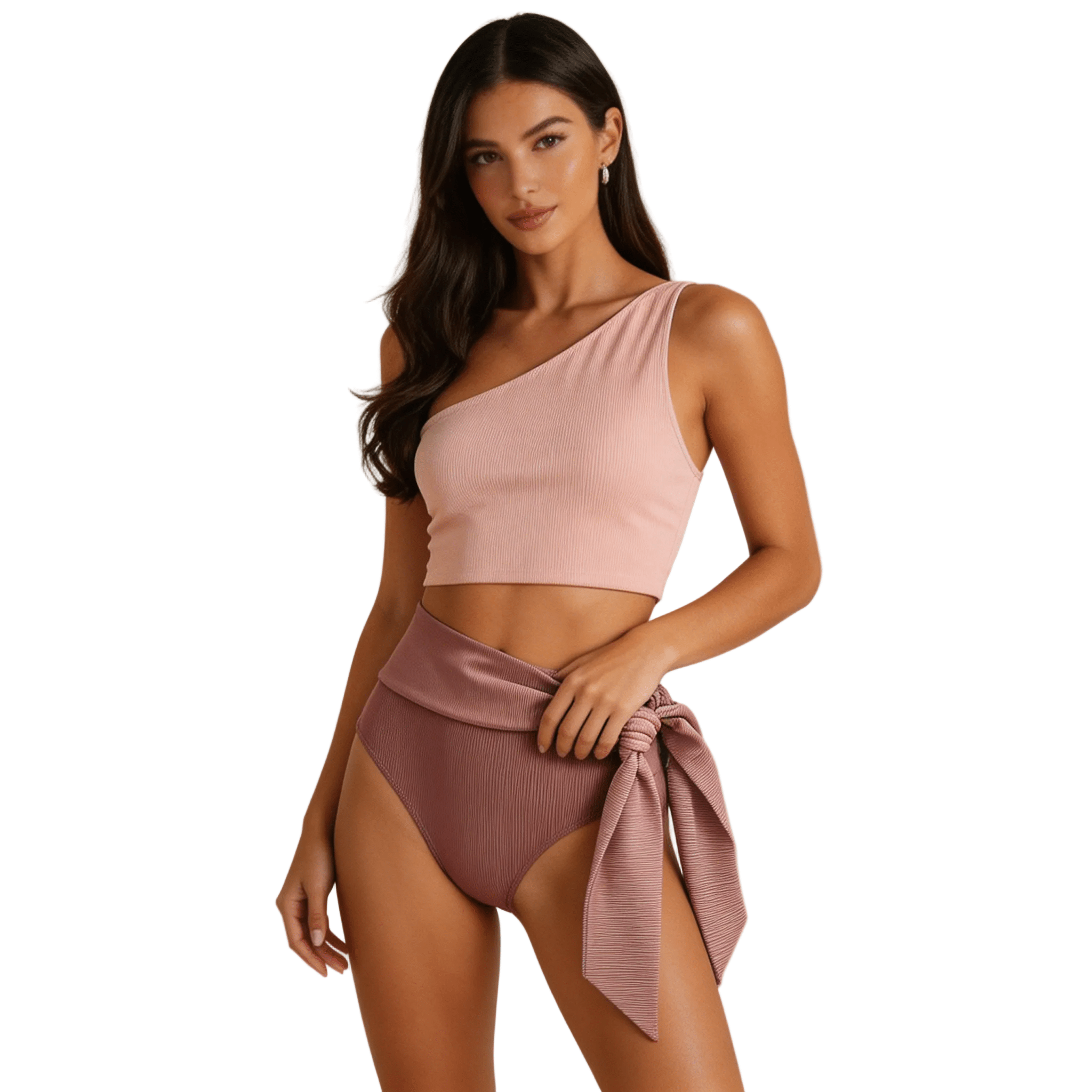 Women Swimsuit One Shoulder Ribbed Cut Out Bow Detail - Evergreen Outfits - Women Swimwear
