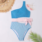 Women Swimsuit One Shoulder Ribbed Cut Out Bow Detail - Evergreen Outfits - Women Swimwear