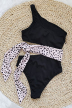 Women Swimsuit One Shoulder Ribbed Cut Out Bow Detail - Evergreen Outfits - Women Swimwear