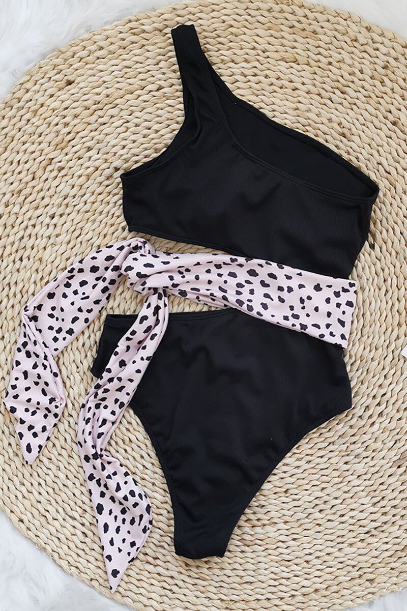 Women Swimsuit One Shoulder Ribbed Cut Out Bow Detail - Evergreen Outfits - Women Swimwear