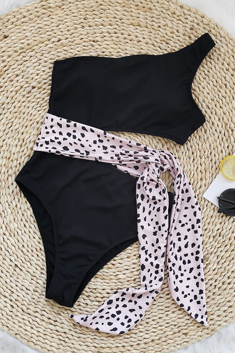 Women Swimsuit One Shoulder Ribbed Cut Out Bow Detail - Evergreen Outfits - Women Swimwear