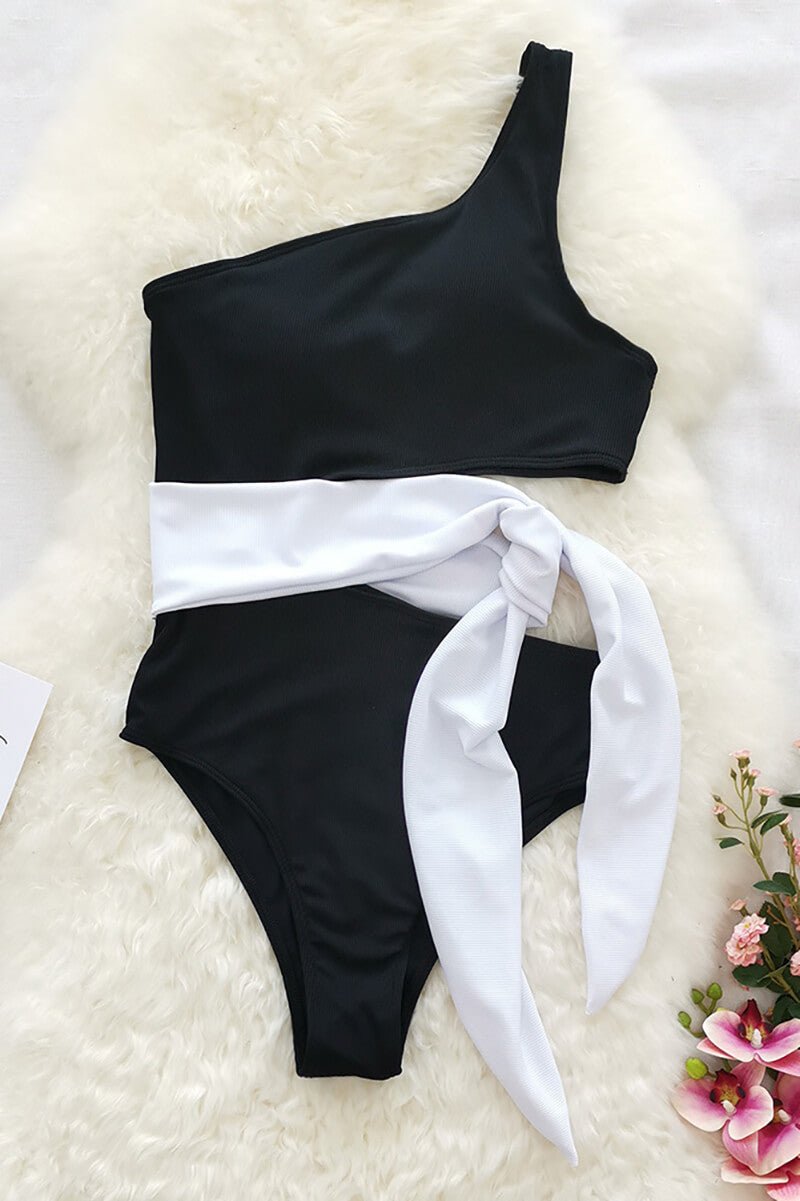 Women Swimsuit One Shoulder Ribbed Cut Out Bow Detail - Evergreen Outfits - Women Swimwear