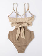 Women Swimsuit Ribbed Cut Out Crossed Waistband Front - Evergreen Outfits - Women Swimwear