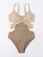 Women Swimsuit Ribbed Cut Out Crossed Waistband Front - Evergreen Outfits - Women Swimwear