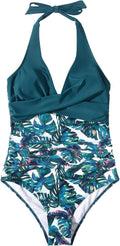 Women Swimsuit V Neck Halter Neck Backless One Piece - Evergreen Outfits - Women Swimwear