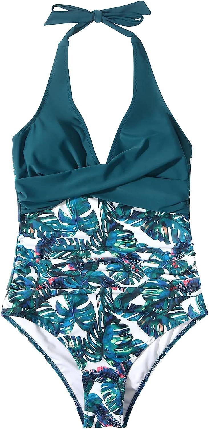 Women Swimsuit V Neck Halter Neck Backless One Piece - Evergreen Outfits - Women Swimwear