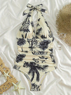 Women Swimsuit V Neck Halter Printed Tummy Control - Evergreen Outfits - Women Swimwear