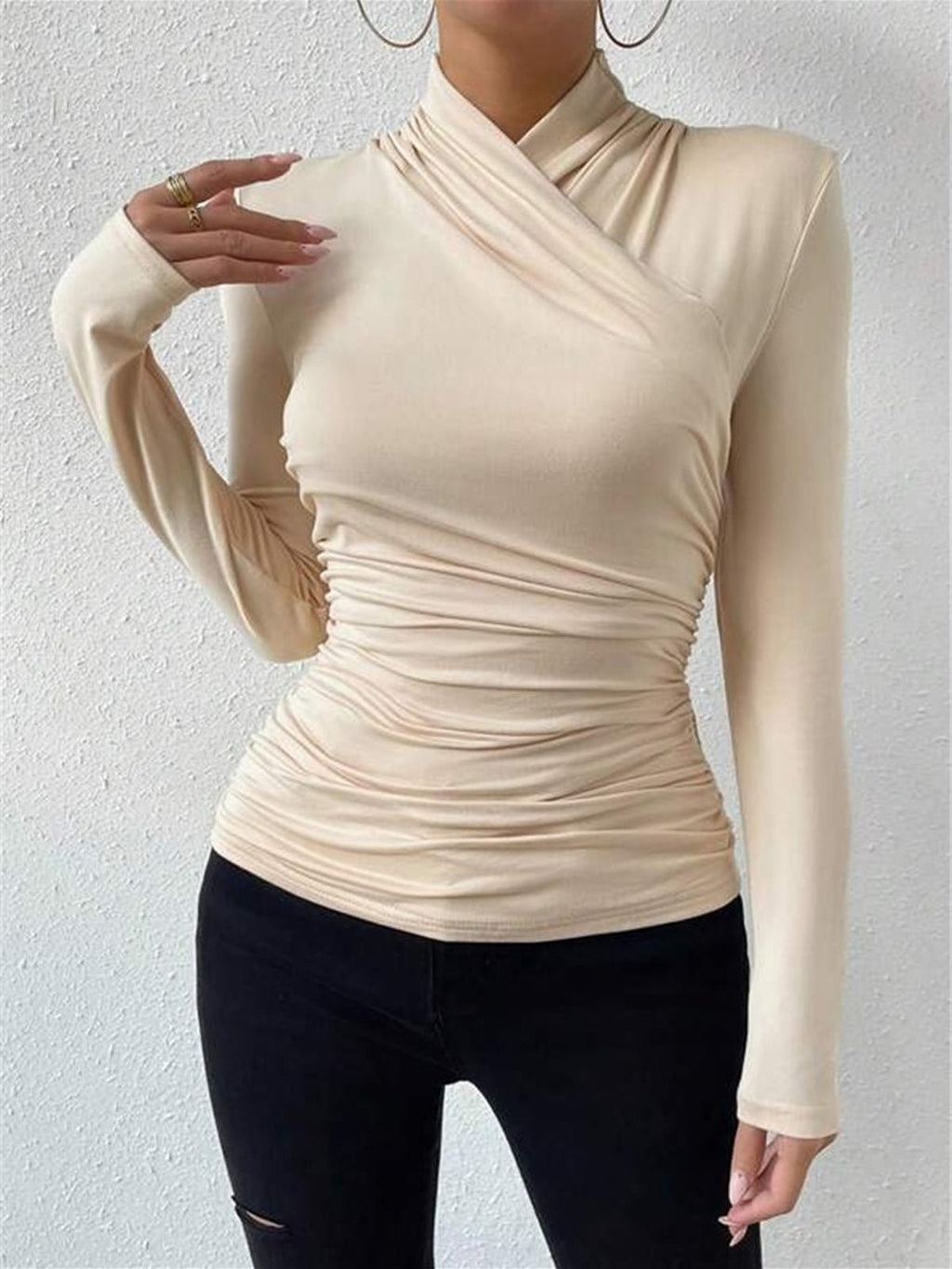 Women Top Fitted Long Sleeve Draped Crossover Front - Evergreen Outfits - Women Top