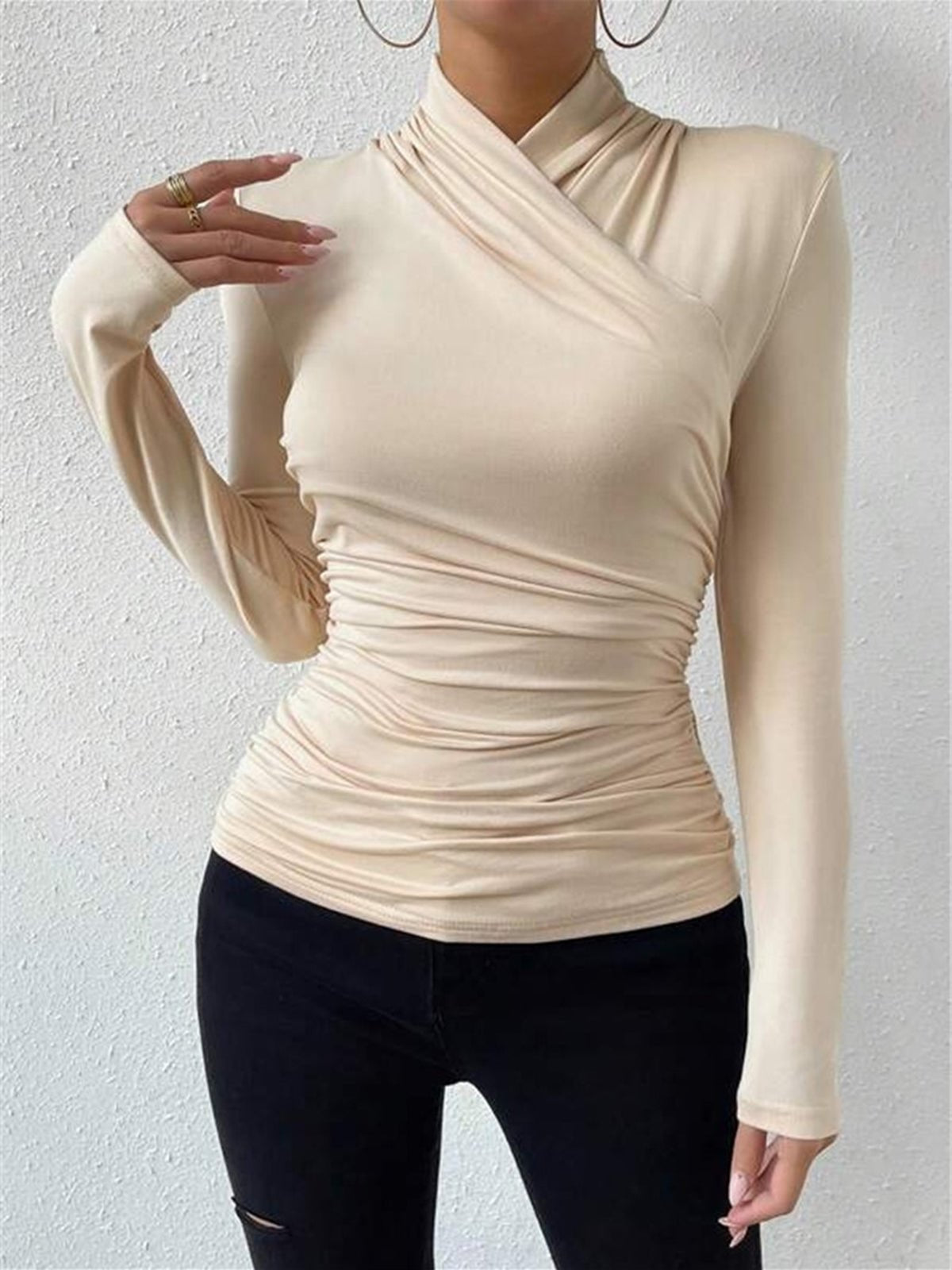 Women Top Fitted Long Sleeve Draped Crossover Front - Evergreen Outfits - Women Top