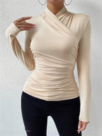Women Top Fitted Long Sleeve Draped Crossover Front - Evergreen Outfits - Women Top