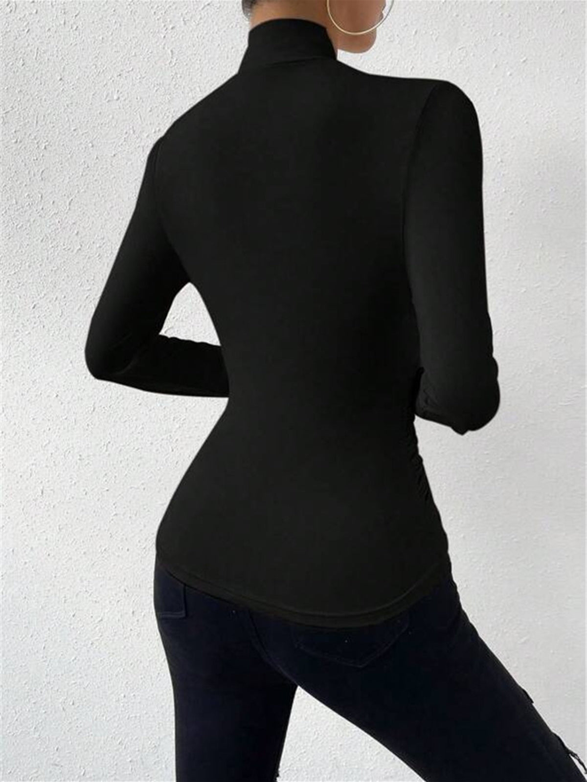 Women Top Fitted Long Sleeve Draped Crossover Front - Evergreen Outfits - Women Top