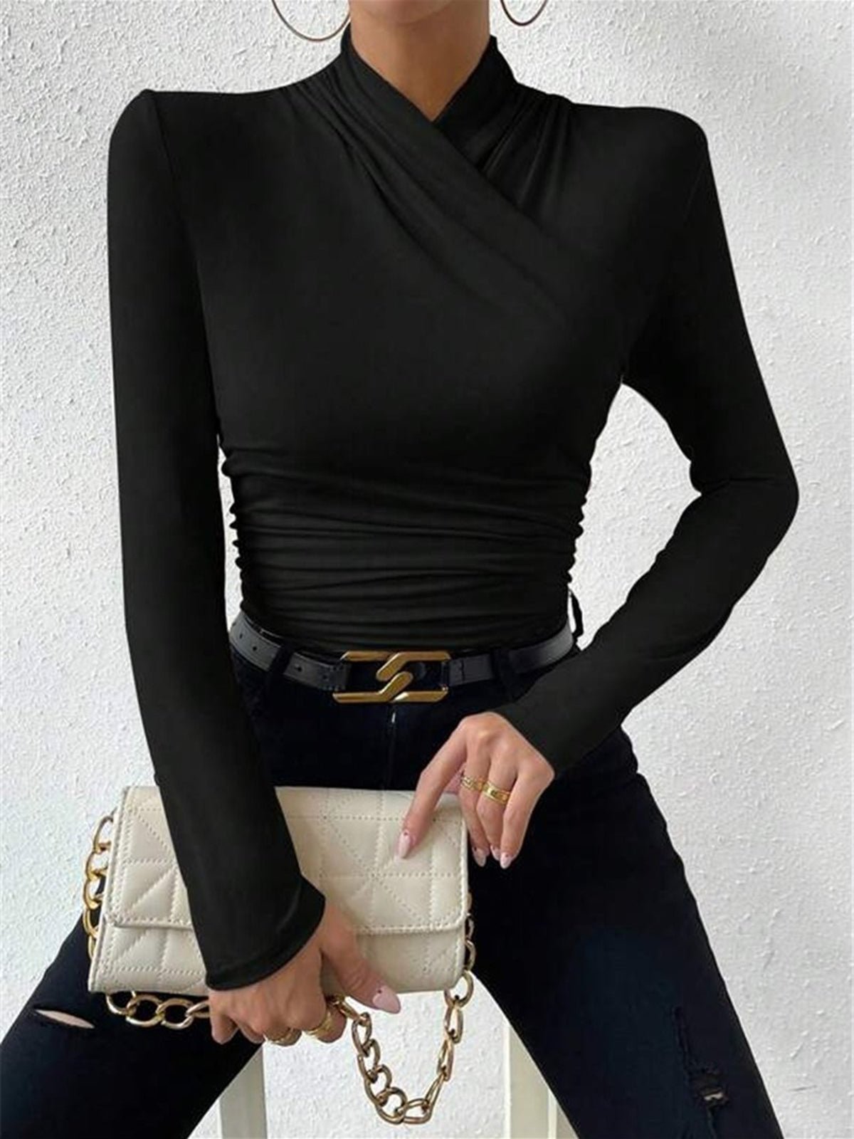 Women Top Fitted Long Sleeve Draped Crossover Front - Evergreen Outfits - Women Top