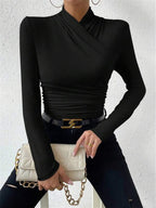 Women Top Fitted Long Sleeve Draped Crossover Front - Evergreen Outfits - Women Top