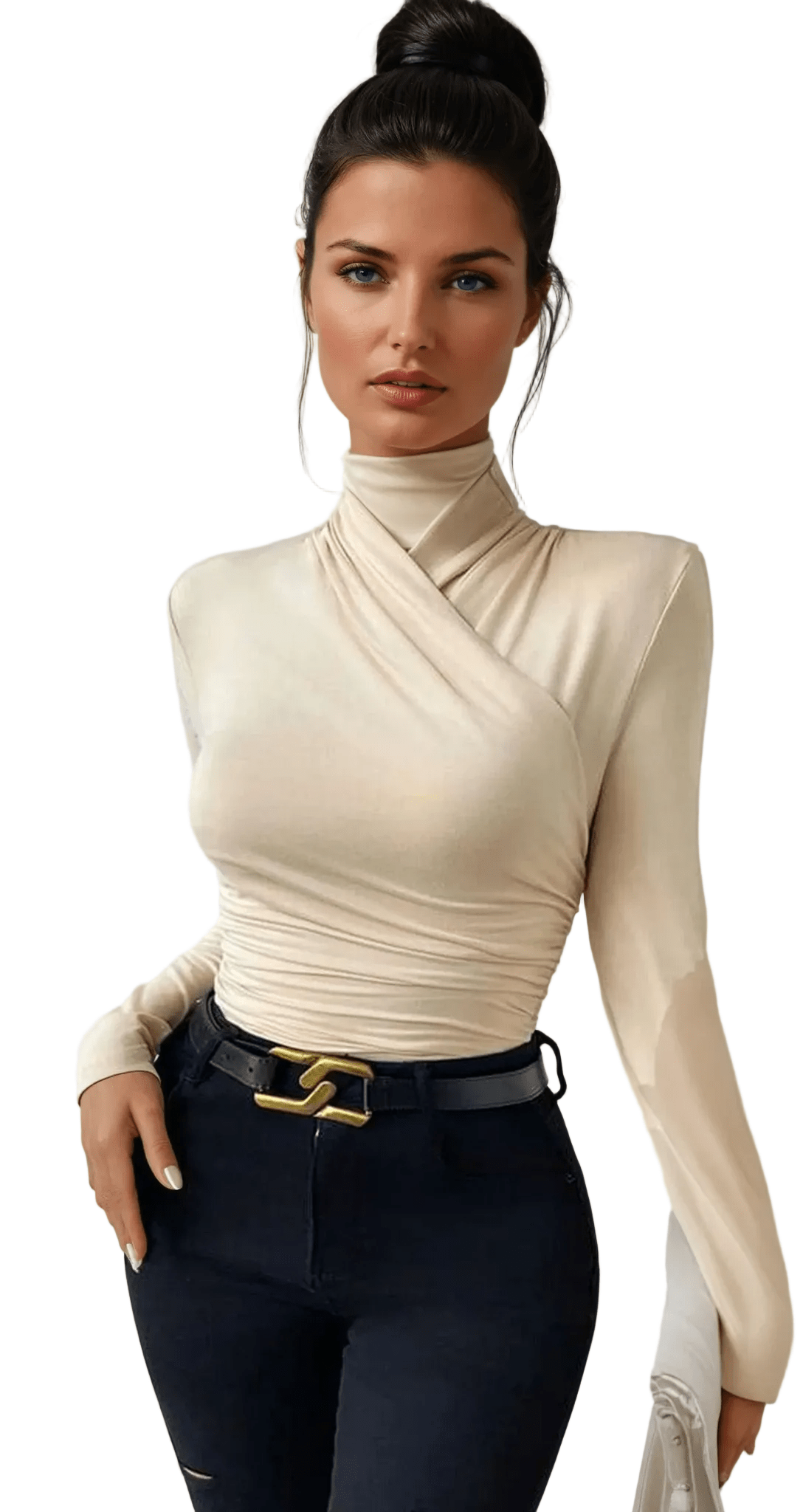 Women Top Fitted Long Sleeve Draped Crossover Front - Evergreen Outfits - Women Top