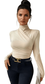 Women Top Fitted Long Sleeve Draped Crossover Front - Evergreen Outfits - Women Top