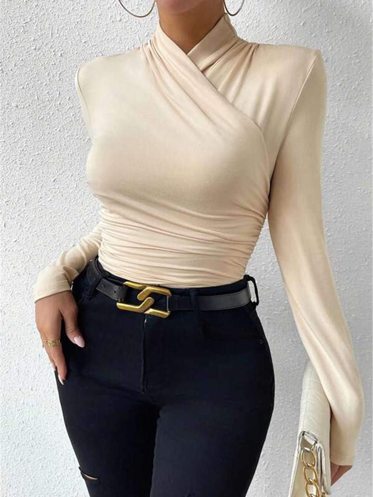 Women Top Fitted Long Sleeve Draped Crossover Front - Evergreen Outfits - Women Top