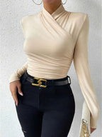 Women Top Fitted Long Sleeve Draped Crossover Front - Evergreen Outfits - Women Top
