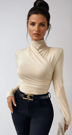 Women Top Fitted Long Sleeve Draped Crossover Front - Evergreen Outfits - Women Top