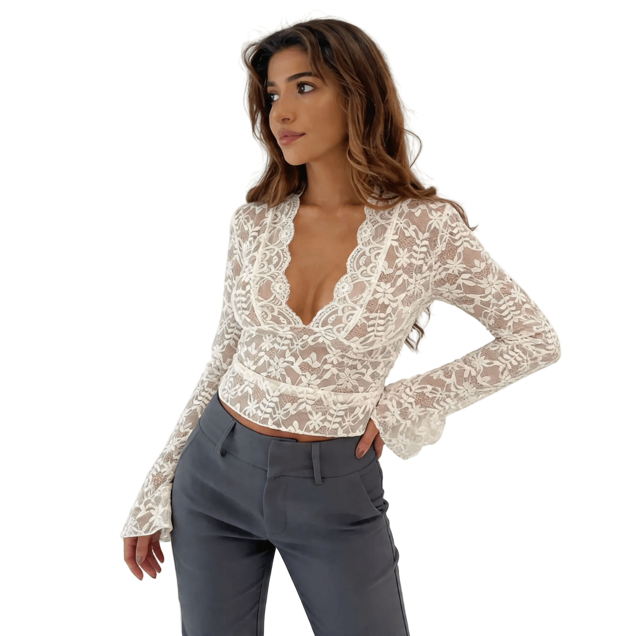 Women Top Long Sleeve Deep V Neck Lace Pattern Design - Evergreen Outfits - Women Top