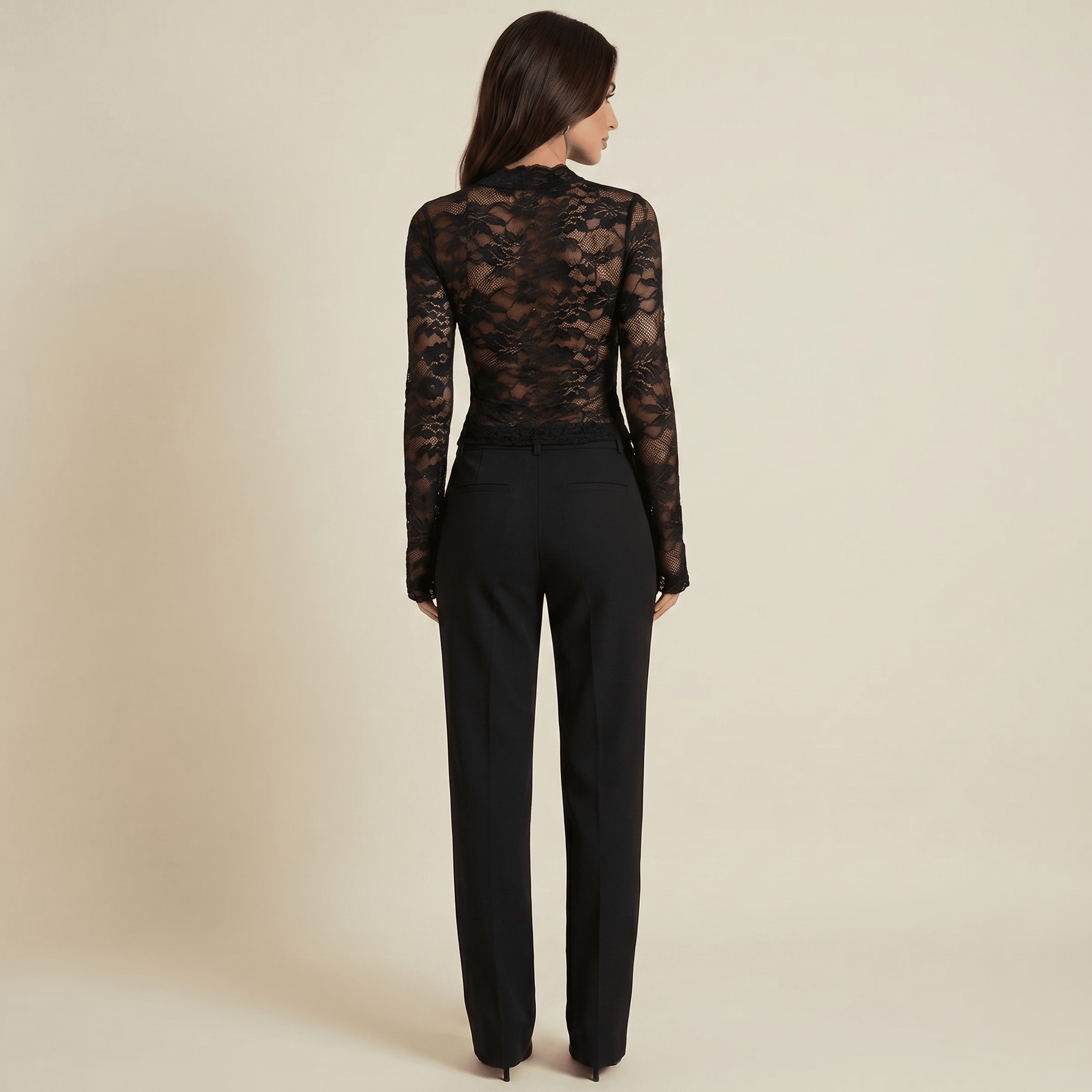 Women Top Mesh V Neckline Lace Detail Slim Fit - Evergreen Outfits - Women Top