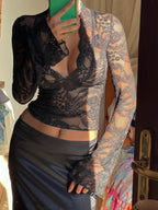 Women Top Mesh V Neckline Lace Detail Slim Fit - Evergreen Outfits - Women Top