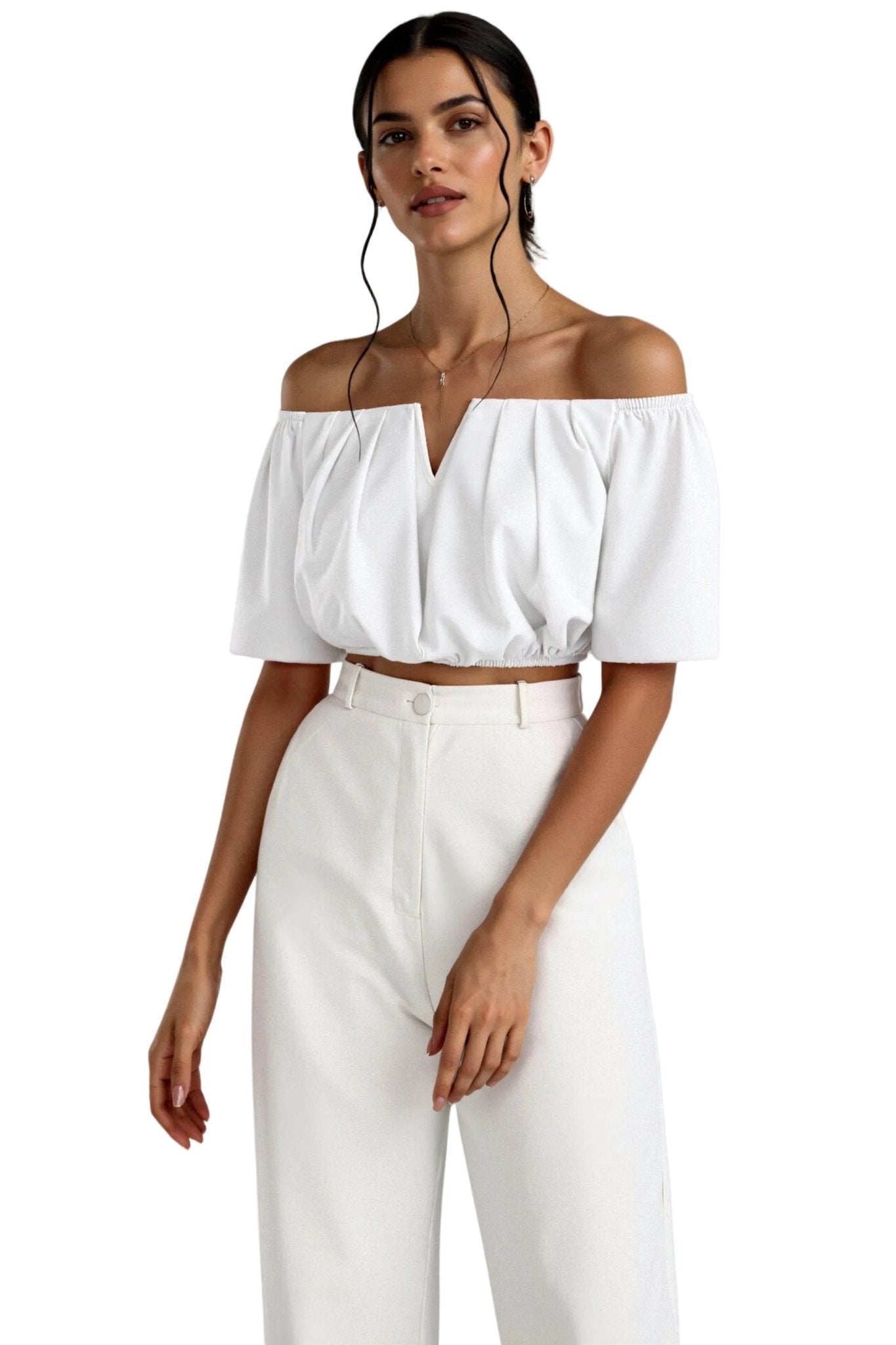 Women Top Off Shoulder V Neck Half Sleeve Loose Fit - Evergreen Outfits - Women Top