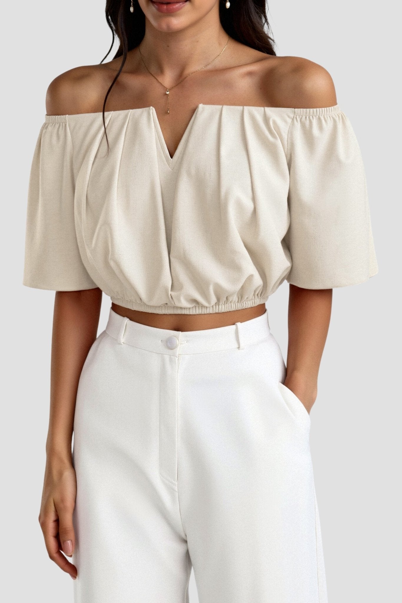 Women Top Off Shoulder V Neck Half Sleeve Loose Fit - Evergreen Outfits - Women Top