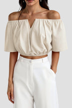 Women Top Off Shoulder V Neck Half Sleeve Loose Fit - Evergreen Outfits - Women Top
