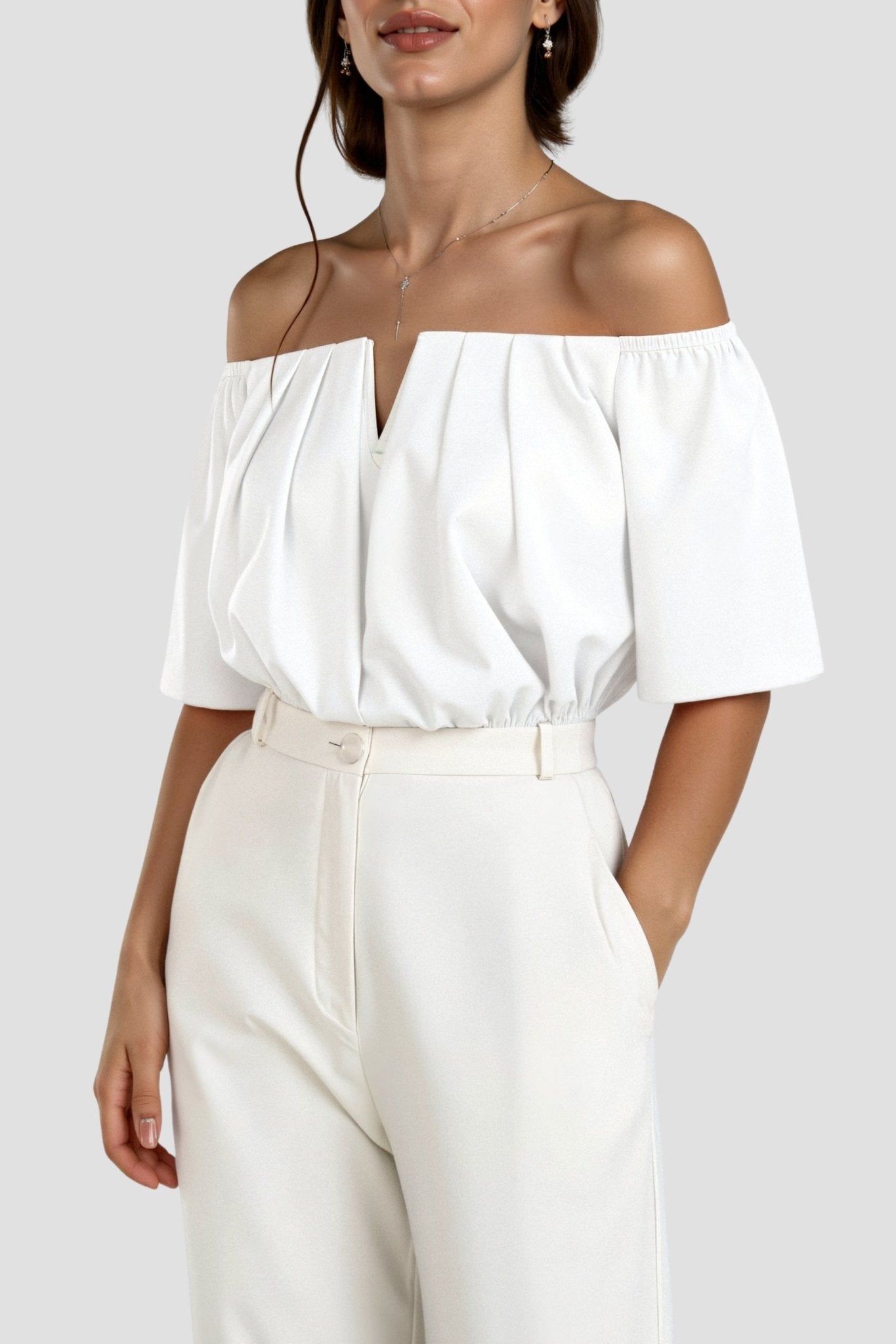 Women Top Off Shoulder V Neck Half Sleeve Loose Fit - Evergreen Outfits - Women Top