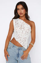 Women Top One Shoulder Asymmetrical Neckline Lace Design - Evergreen Outfits - Women Top