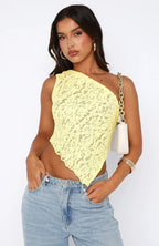 Women Top One Shoulder Asymmetrical Neckline Lace Design - Evergreen Outfits - Women Top