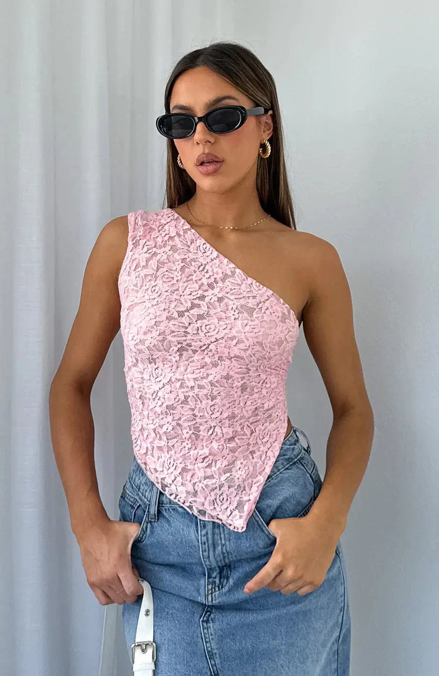 Women Top One Shoulder Asymmetrical Neckline Lace Design - Evergreen Outfits - Women Top