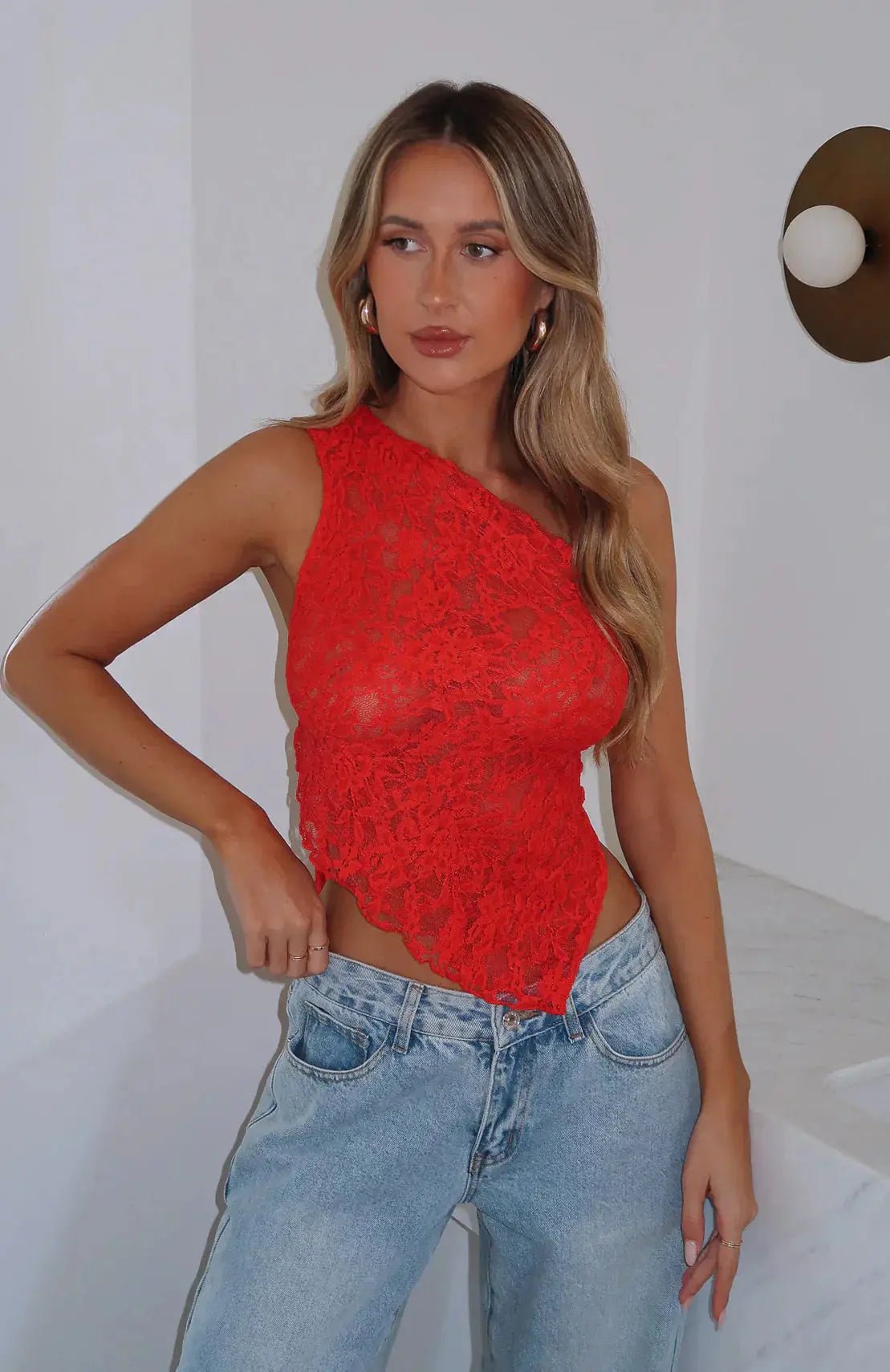Women Top One Shoulder Asymmetrical Neckline Lace Design - Evergreen Outfits - Women Top
