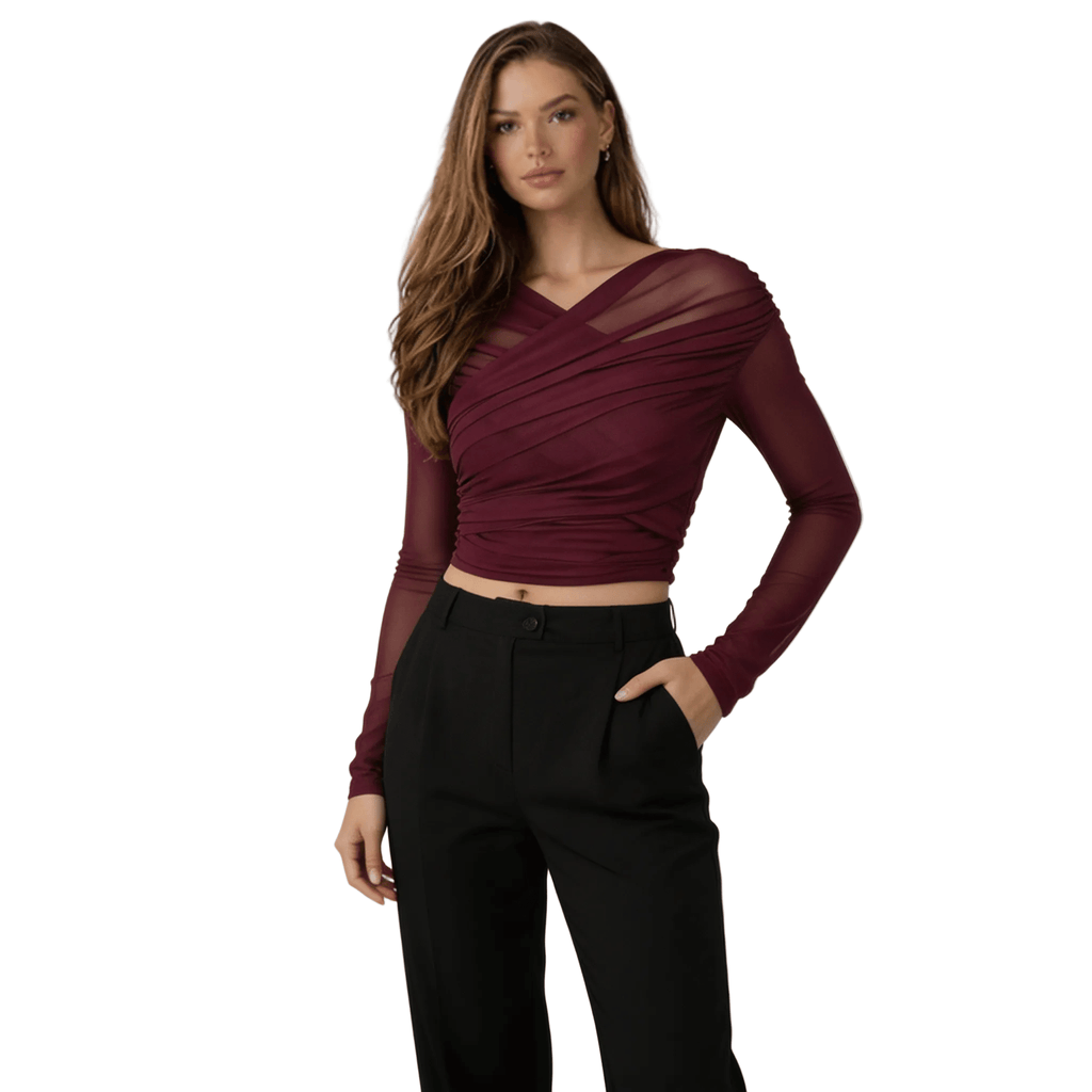 Women Top Sheer Mesh Ruched Semi Transparent Long Sleeve - Evergreen Outfits - Women Top