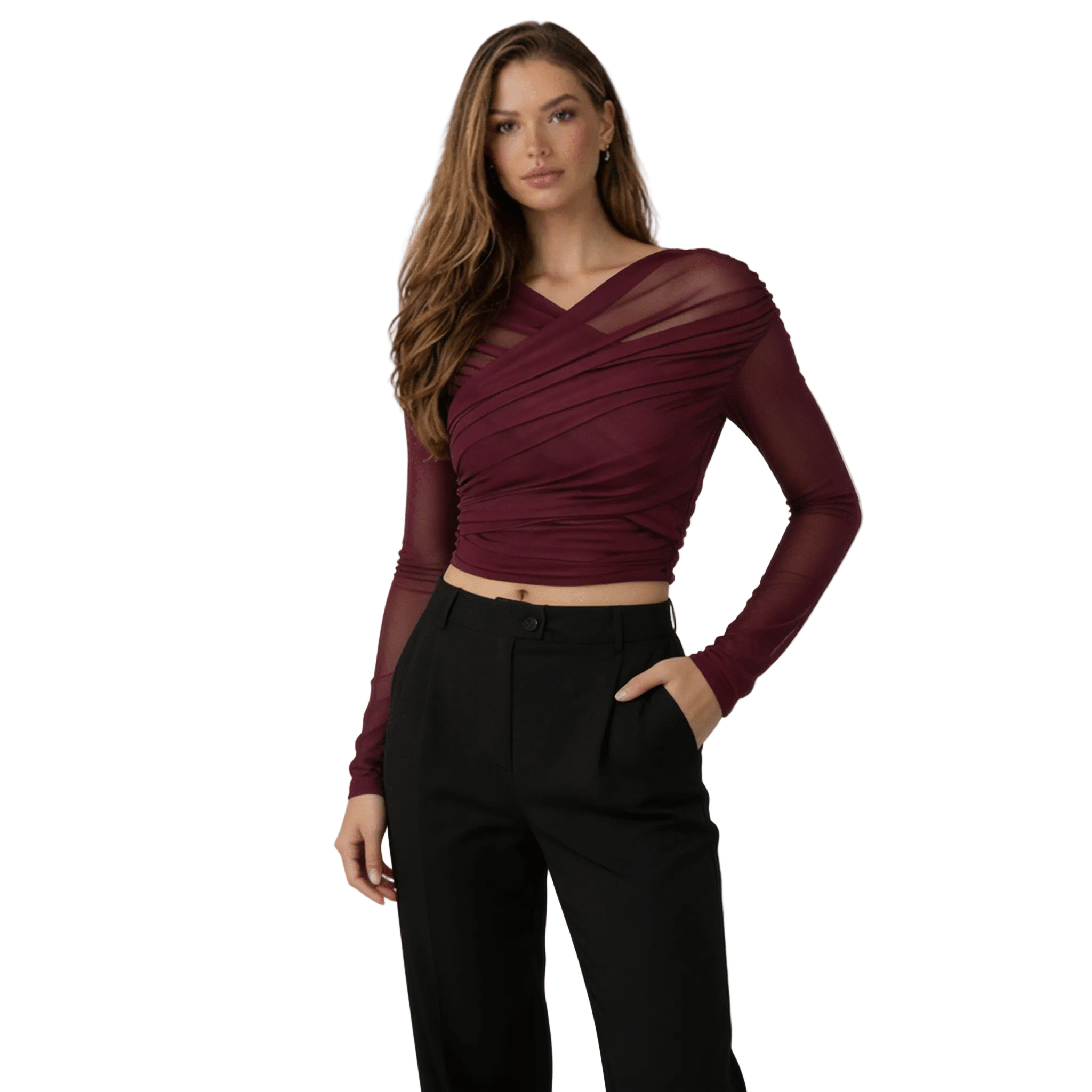 Women Top Sheer Mesh Ruched Semi Transparent Long Sleeve - Evergreen Outfits - Women Top