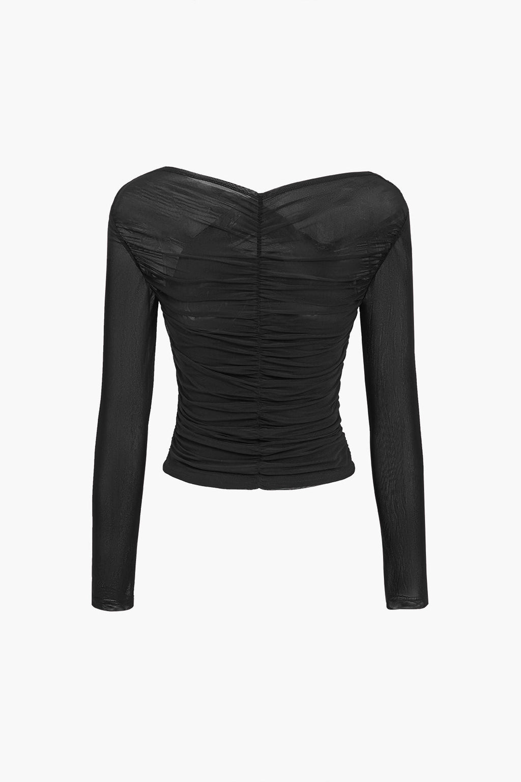 Women Top Sheer Mesh Ruched Semi Transparent Long Sleeve - Evergreen Outfits - Women Top