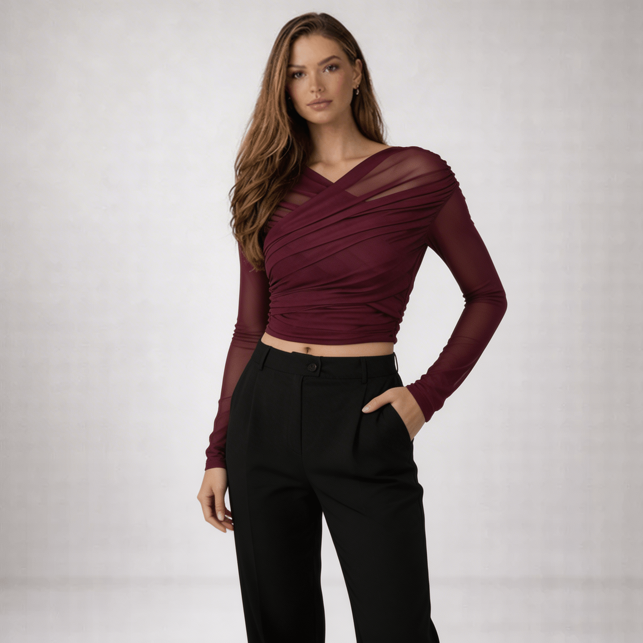 Women Top Sheer Mesh Ruched Semi Transparent Long Sleeve - Evergreen Outfits - Women Top
