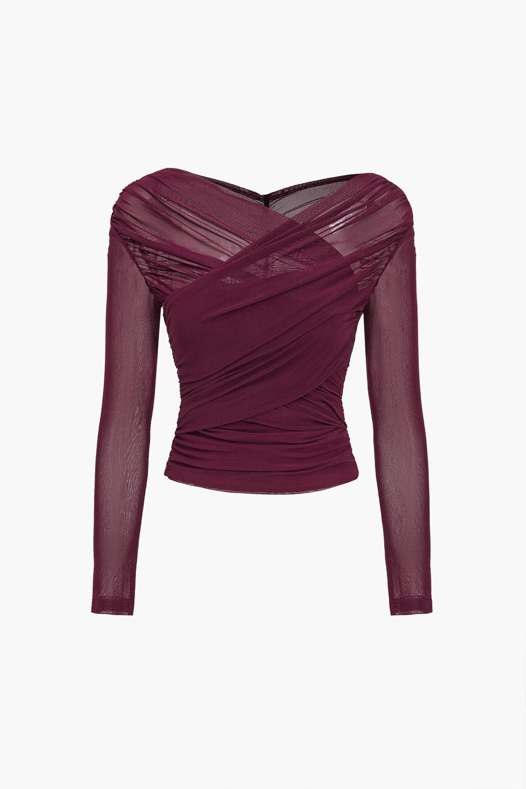Women Top Sheer Mesh Ruched Semi Transparent Long Sleeve - Evergreen Outfits - Women Top