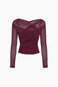 Women Top Sheer Mesh Ruched Semi Transparent Long Sleeve - Evergreen Outfits - Women Top
