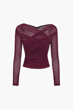 Women Top Sheer Mesh Ruched Semi Transparent Long Sleeve - Evergreen Outfits - Women Top