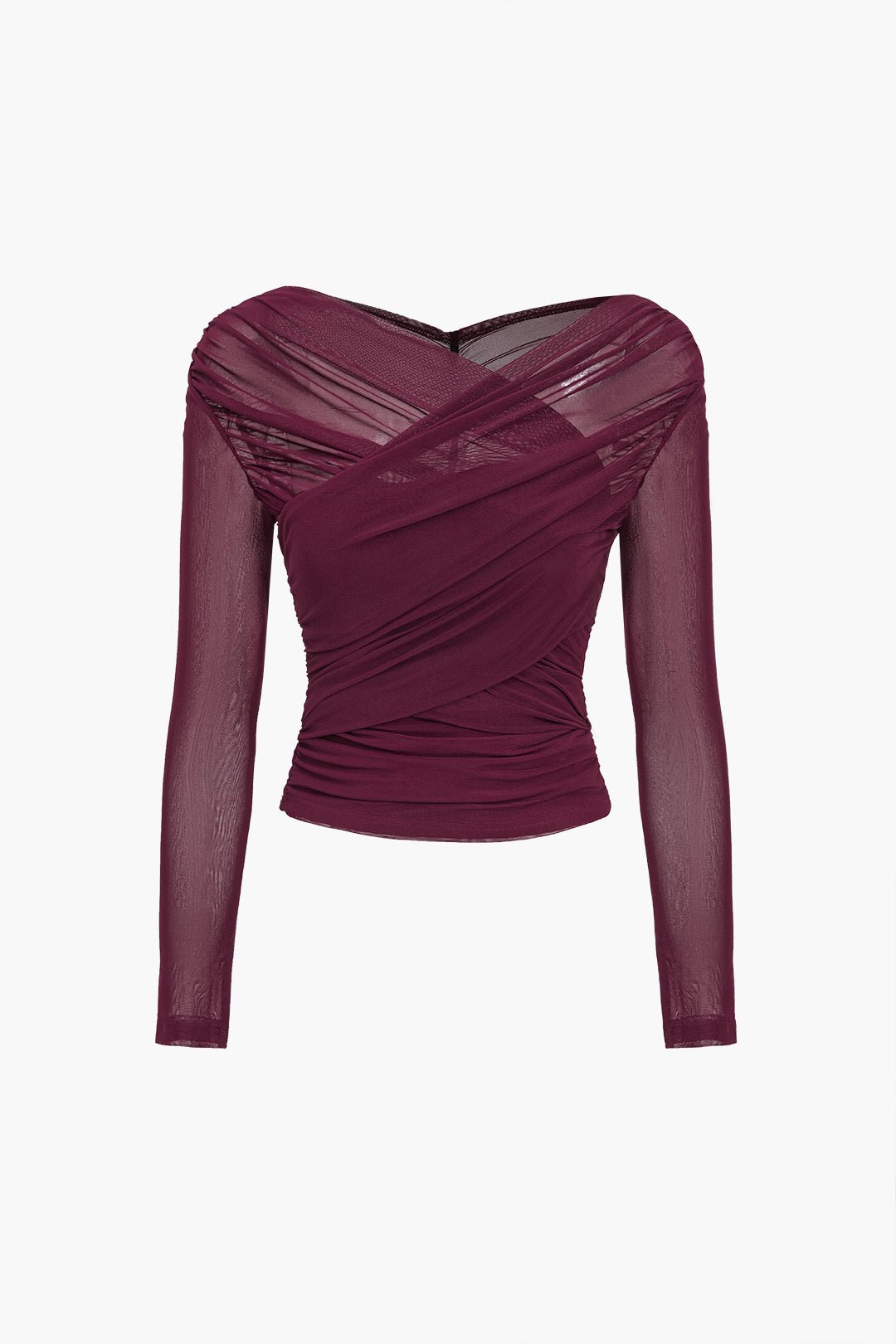 Women Top Sheer Mesh Ruched Semi Transparent Long Sleeve - Evergreen Outfits - Women Top