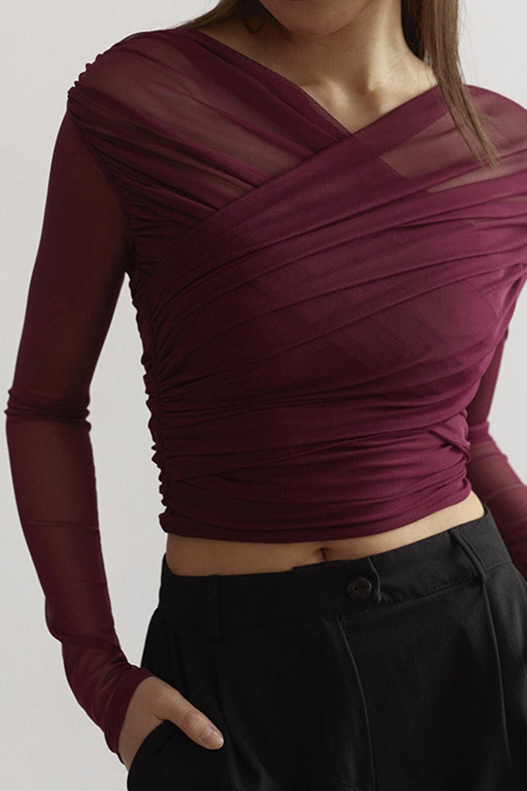 Women Top Sheer Mesh Ruched Semi Transparent Long Sleeve - Evergreen Outfits - Women Top