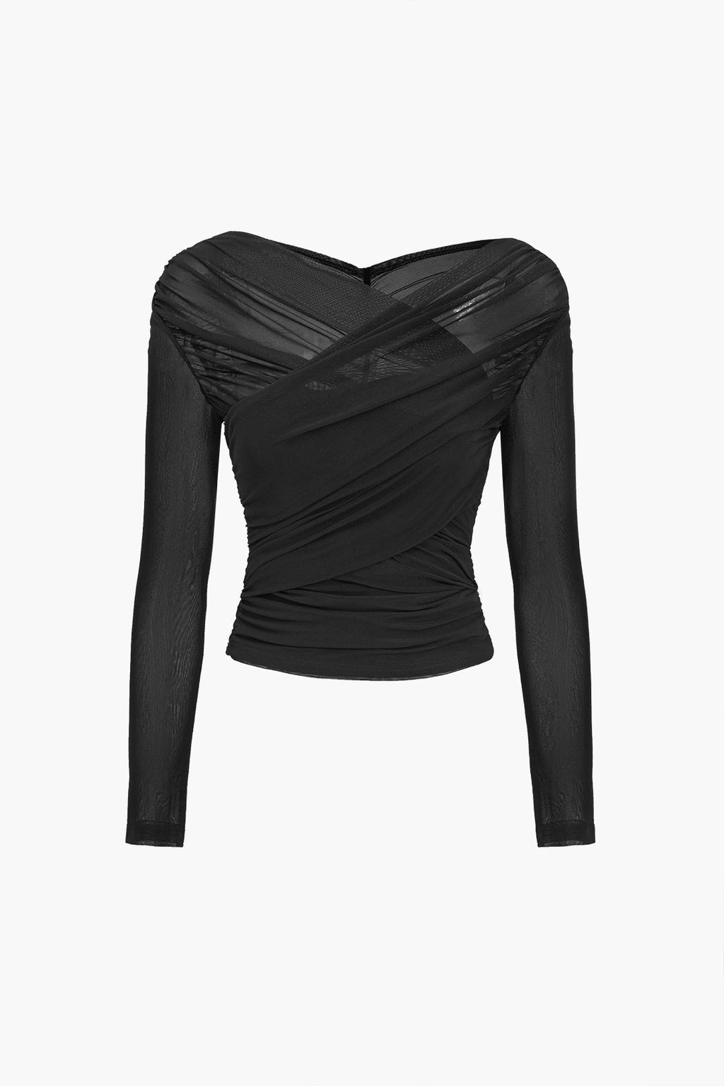 Women Top Sheer Mesh Ruched Semi Transparent Long Sleeve - Evergreen Outfits - Women Top