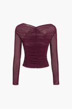 Women Top Sheer Mesh Ruched Semi Transparent Long Sleeve - Evergreen Outfits - Women Top