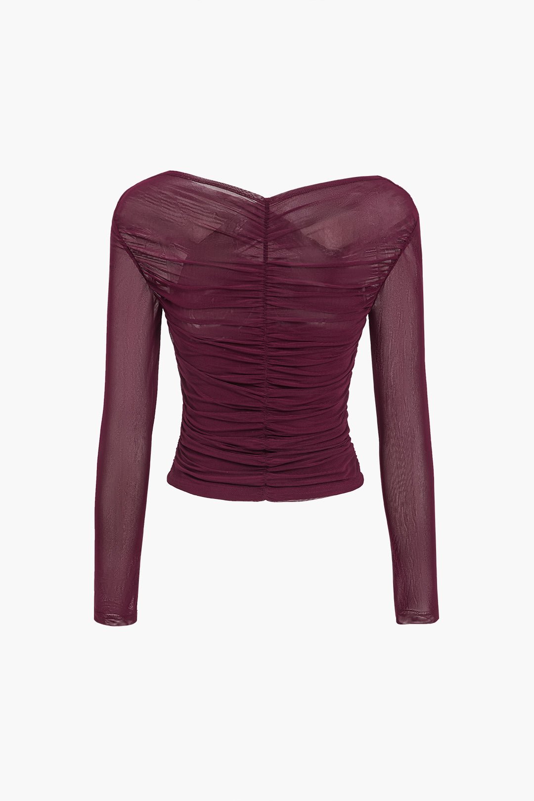 Women Top Sheer Mesh Ruched Semi Transparent Long Sleeve - Evergreen Outfits - Women Top