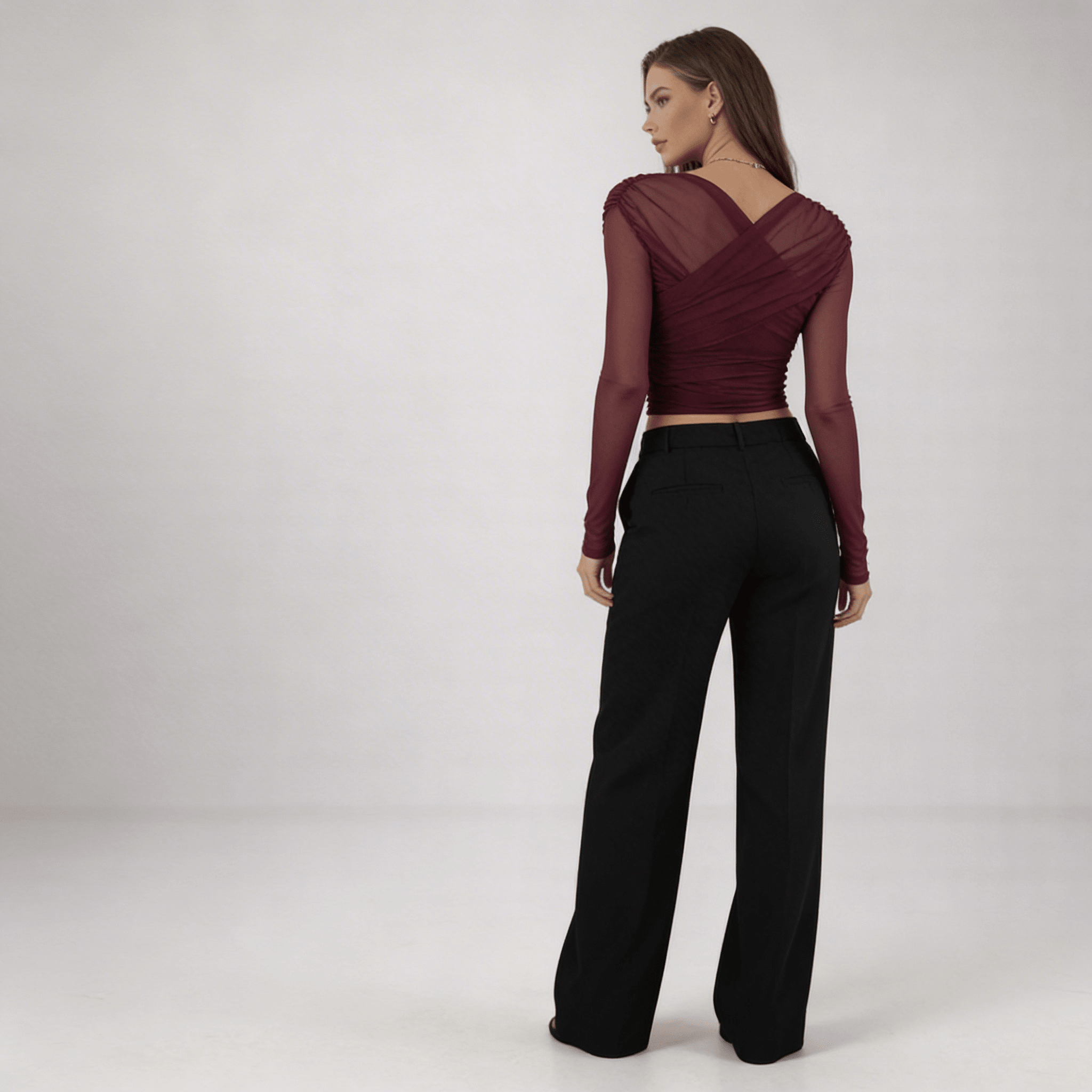 Women Top Sheer Mesh Ruched Semi Transparent Long Sleeve - Evergreen Outfits - Women Top