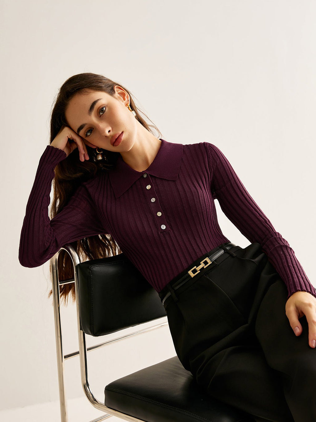 Women Top Textured Long Sleeve Design Casual Fit - Evergreen Outfits - Women Poloshirt