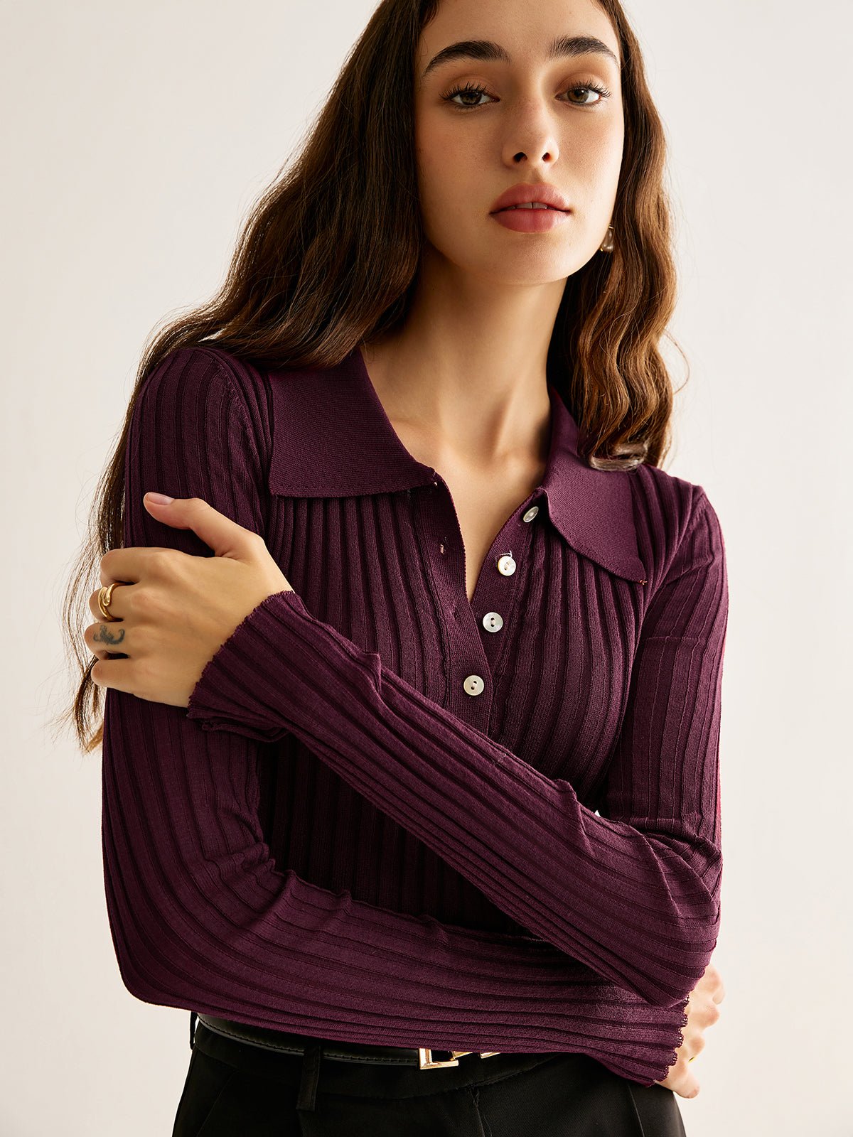 Women Top Textured Long Sleeve Design Casual Fit - Evergreen Outfits - Women Poloshirt