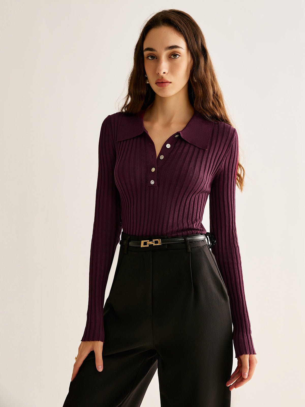 Women Top Textured Long Sleeve Design Casual Fit - Evergreen Outfits - Women Poloshirt